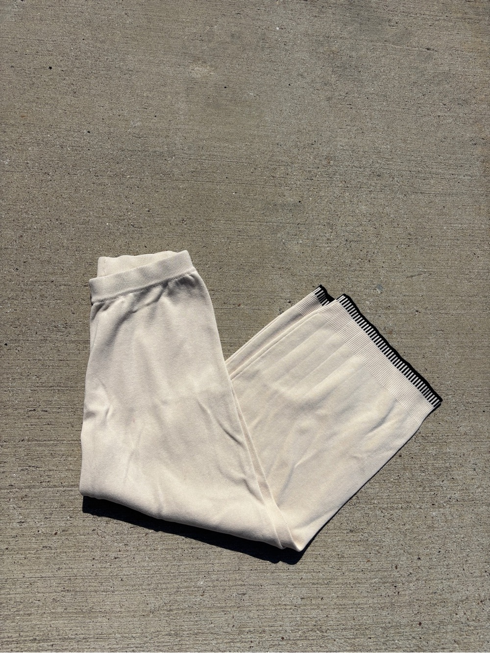 Cream Ribbed Knit Wide-Leg Pants with Black Trim